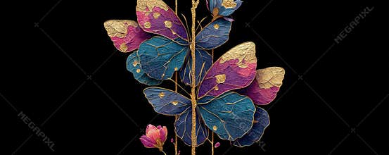 Vibrant glowing butterfly design with golden textures on deep black background
