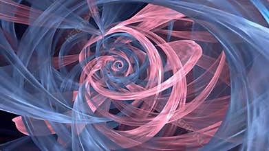 Abstract swirl and spiral pattern with pink and blue translucent ribbons creating dynamic mesmerizing visual effect and soft