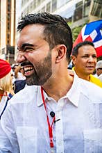 August 10, 2025: Dominican Heritage Parade on 6th Ave in Manhattan. Zohran Mamdani during the parade