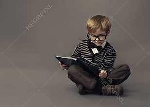 Boy Child Read Book, Clever Kid in Glasses, Children Education