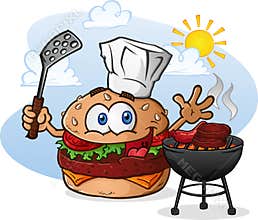 Hamburger Cheeseburger Cartoon Character Grilling with a Chef Hat