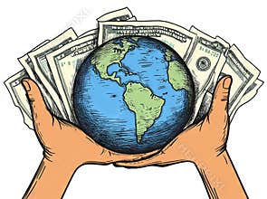 A continuous line drawing depicts two hands holding a bag of seedlings for planting, symbolizing money, savings, and