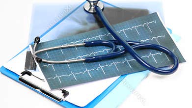 Medical folders and stethoscope turning against white