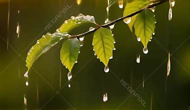 Serene Rainy Forest: Glossy Leaves Glistening in a Soft Drizzle