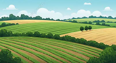 Rolling Hills Landscape with Fields and Trees Under a Cloudy Sky