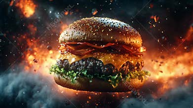 An epic burger in a cinematic explosion of fire and flavor. The ultimate hero shot for a powerful brand, menu launch, or food