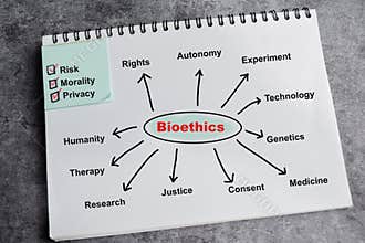 Concept of Bioethics write on book with keywords isolated on Wooden Table