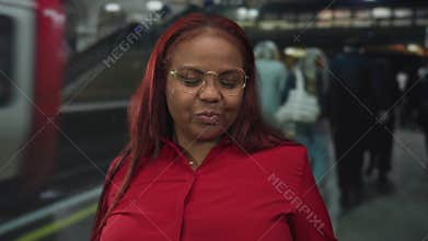 Woman in red shirt covers eyes with hands amid commuters inside building train station; embarrassment