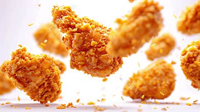 Crispy fried chicken wings slow motion delicious golden brown AI generated video. Airy slow motion fried chicken wings closeup