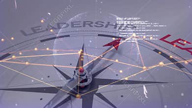 3D globe rising above compass driving pointer rotating clockwise aligning red leadership label