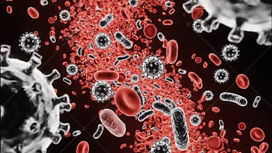 A Scientific and Stylized Depiction of a Viral Outbreak, Showing Multiple Red Pathogens Spreading in a Microscopic Landscape.