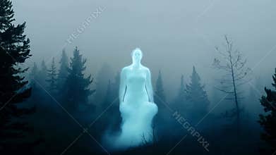 A ghostly apparition made of mist haunts an old mystical forest