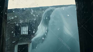 A creepy ghostly apparition in human form moves through an old haunted house