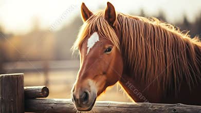 Majestic Brown Horse in Golden Hour Light: Cinematic Close-Ups of Eye, Mane, and Rustic Fence