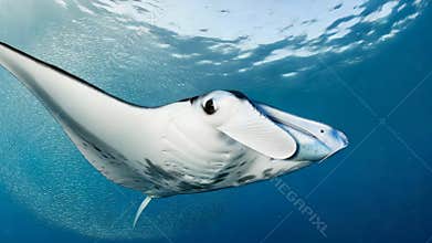 Manta ray glides gracefully through clear blue waters, showcasing its expansive wings