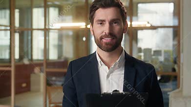 Professional business man lawyer real estate agent thoughtful businessman reading document deal sign contract in office