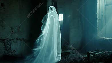Close-up of a creepy ghostly apparition in human form in an old building