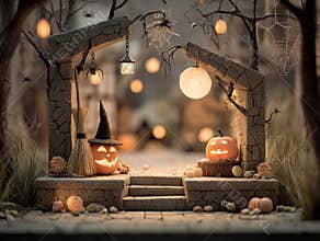 A whimsical Halloween-themed 3D podium with a mossy, vine-covered archway and carved jack-o-lanterns Earthy tones, autumn leaves