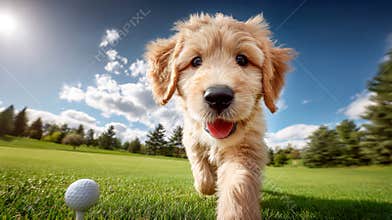 A playful golden retriever puppy is running towards you on a sunny golf course.