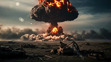 A powerful explosion creates a towering mushroom cloud above a ruined, abandoned landscape of destroyed vehicles