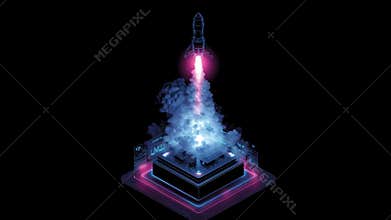 Isometric illustration of a rocket launch pad with a rocket taking off against a dark background
