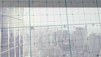 On start, teal translucent alignment grid drifting down and right over hazy skyline for calibration