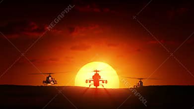 Military helicopters at sunrise