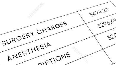 A close-up shot of a hospital bill with high surgery and anesthesia charges, symbolizing