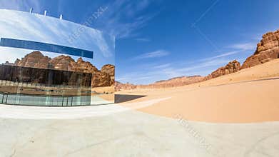 Maraya concert hall reflecting blue sky in Alula, Saudi Arabia