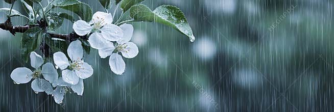 Abstract blurred background of fresh flowers with spring rain drops