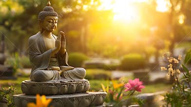 Generative AI Peaceful Buddha Statue Meditation Amidst Beautiful Garden at Sunrise business concept.