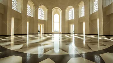 Generative AI Sunlit Museum Interior with Stunning Symmetrical Architectural Design and Marble Floor Patterns busi