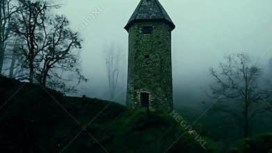 A mysterious stone tower in the middle of a dark, mossy forest.