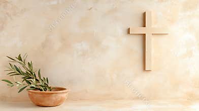 Olive branch in terracotta pot with wooden cross on rustic beige wall