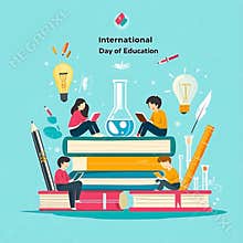International Day of Education illustration featuring four individuals reading books on stacked books