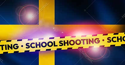 School shooting concept background with yellow warning line and flag of Sweden in the backdrop. Gun violence background with