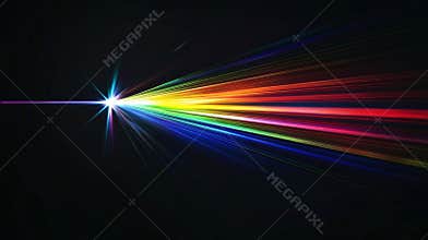 Vibrant light beam shines through a prism, creating a colorful spectrum on a black background, capturing energy and
