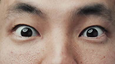 Young Asian Man with Brown Eyes Looking at Studio Camera in Close up Macro Shot