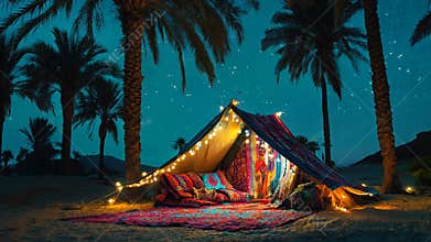 A cozy Ramadan tent adorned with colorful fabrics and fairy lights, surrounded by palm trees under a clear night sky