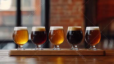 Assorted craft beer flight tasting in rustic setting International Stout Day