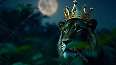 A majestic lion wearing a golden crown in a dark forest at night under a glowing full moon, creating a royal and