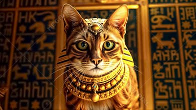 Golden Egyptian magical divine cat, cat in the temple of the Egyptian goddess Bastet