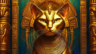 Golden Egyptian magical divine cat, cat in the temple of the Egyptian goddess Bastet