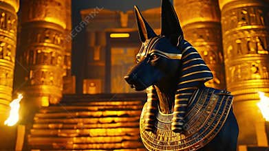 Ancient Egyptian mythical god Anubis in the form of a black jackal