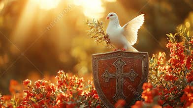 white dove perches on medieval shield featuring glowing cross holding olive branch. background showcases radiant sky