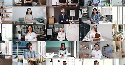 Zoom out collage of diverse people looking at camera, portraits