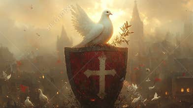 white dove perches on medieval shield featuring glowing cross holding olive branch. setting transforms divine light
