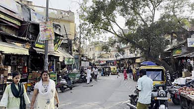 India Delhi October 20 2024 Indian market street bustling with