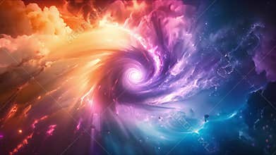 Ai-generated illustration of abstract galaxy and spinning clouds in a colorful sky