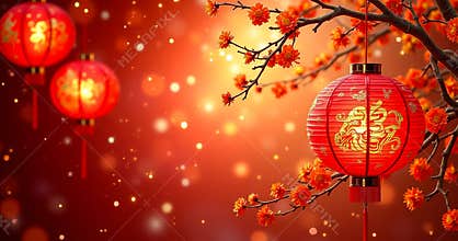Traditional Red Lantern with Flower Decoration and Bokeh Light for Chinese New Year Celebration